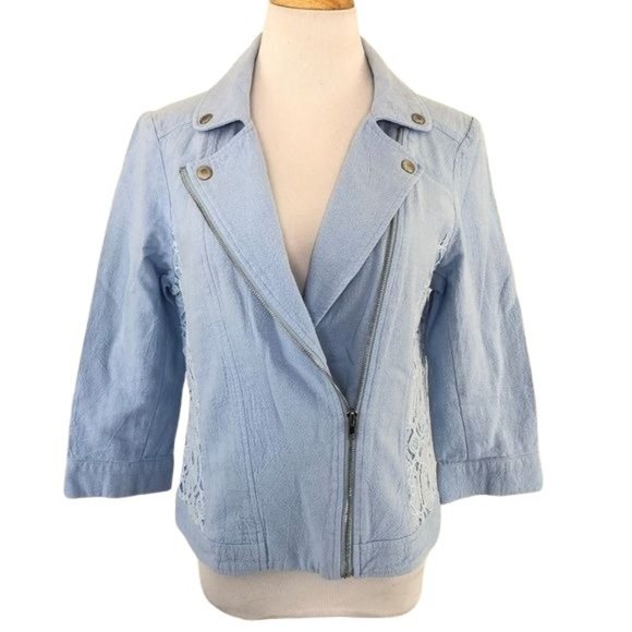 JohnPaulRichard Jackets & Blazers - John Paul Richard Textured Moto Jacket Lace Trim Snaps Light Blue